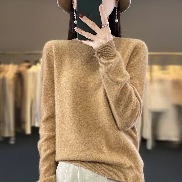 Womens Merino Wool Sweater O-Neck Soft Fit - BritishMode