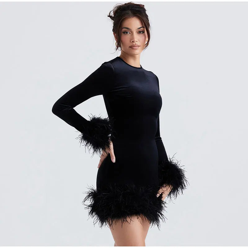 Womens Sheath Dress Feather-Trimmed Sleeves Elegant Fit - BritishMode