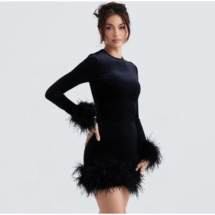 Womens Sheath Dress Feather-Trimmed Sleeves Elegant Fit - BritishMode
