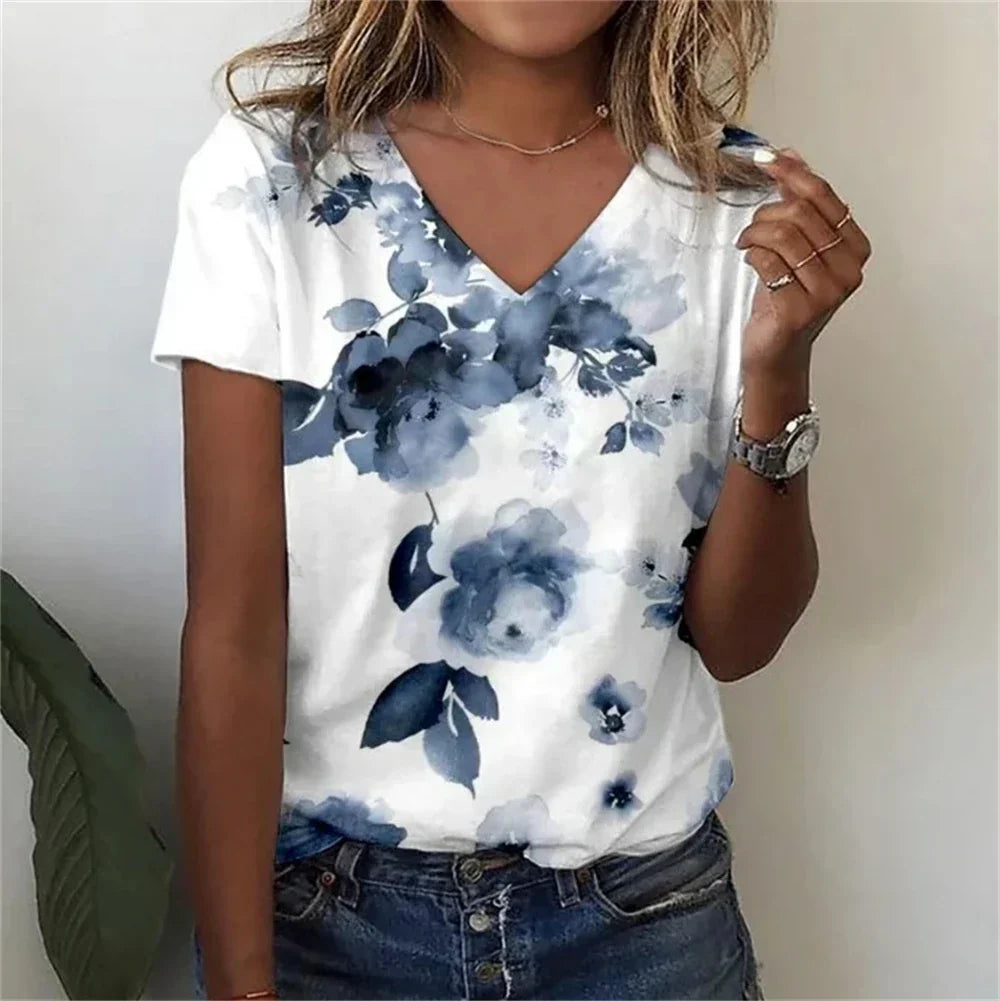 Womens V-Neck T-Shirt Cotton Loose Fit Casual
