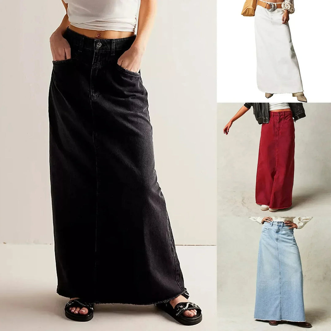 Womens High Waist Denim Maxi Skirt Vintage A-Line Fit