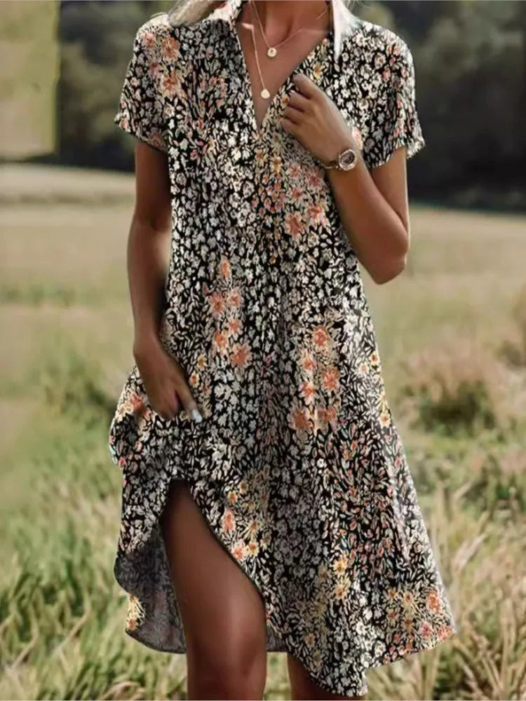 Womens Floral Dress with V-Neck and Button Front - BritishMode