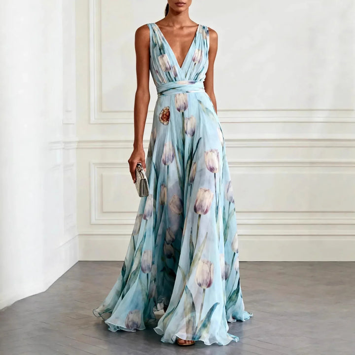 Womens Maxi Dress V-Neck Tulip Print Brooch Detail - BritishMode