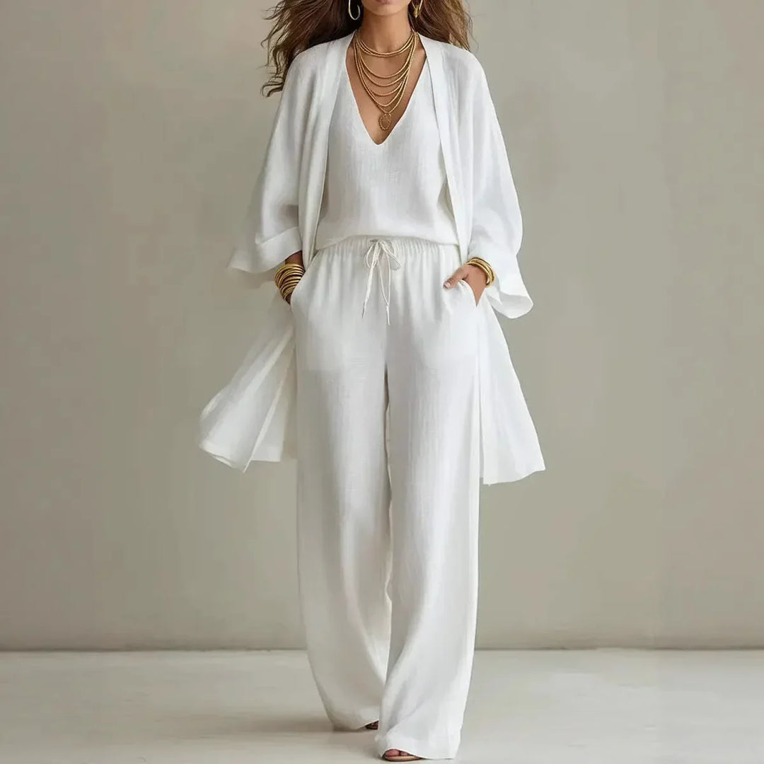 Womens Linen Three-Piece Set Cardigan and Trousers Relaxed Fit - BritishMode