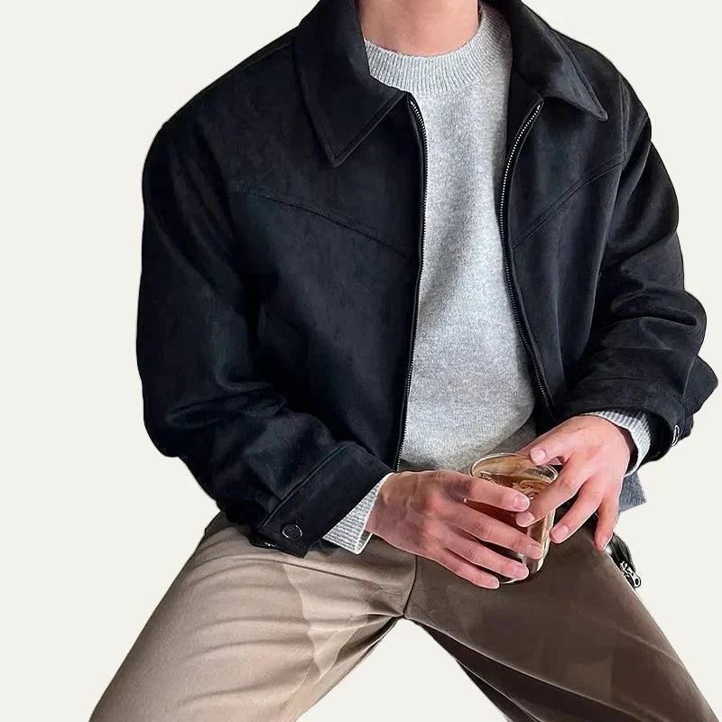Mens Jacket with Zipper Loose Fit Lapel Collar