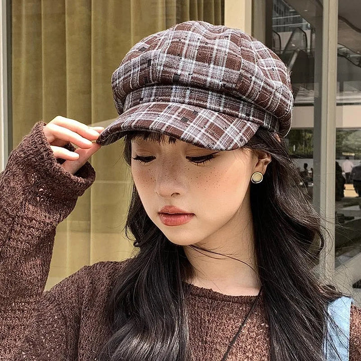Womens Beret Hat Wool Classic Check Pattern