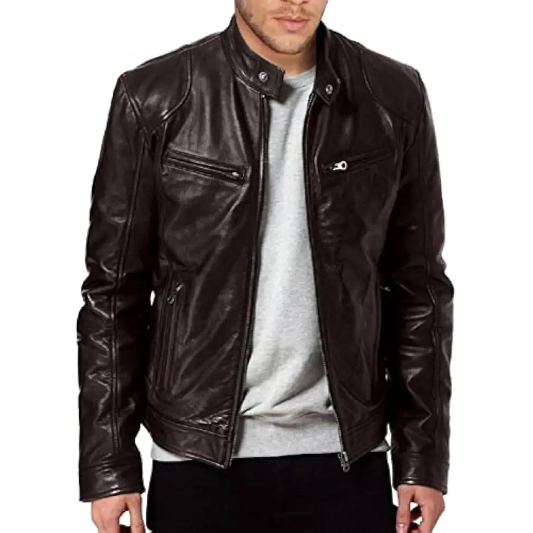 Mens Biker Jacket PU Leather Fitted Style