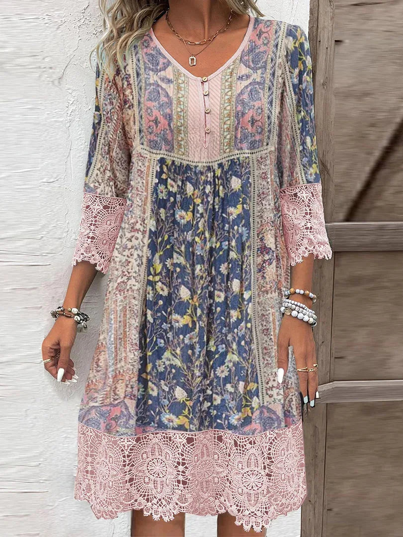 Womens Tea Dress Lace Trim V-Neck Elegant Style