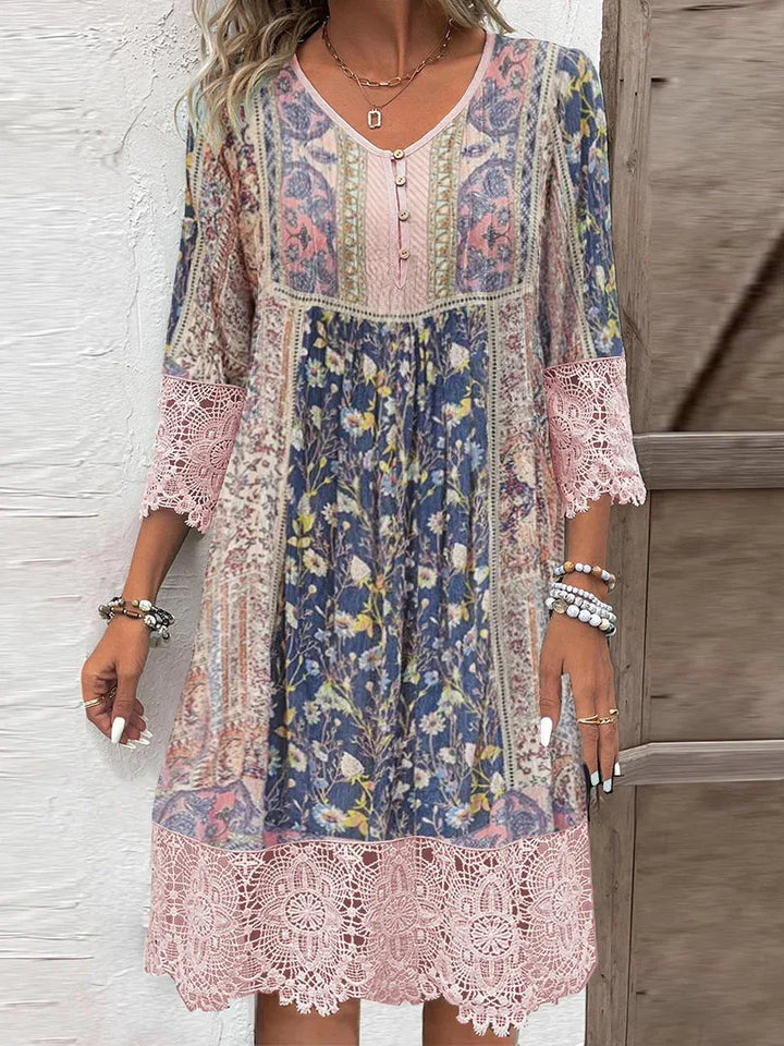 Womens Tea Dress Lace Trim V-Neck Elegant Style
