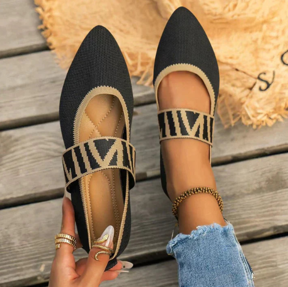Womens Knit Pointed-Toe Flats with Elastic Strap - BritishMode