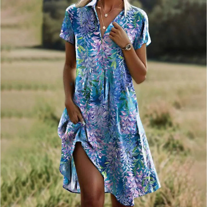 Womens Floral Dress with V-Neck and Button Front