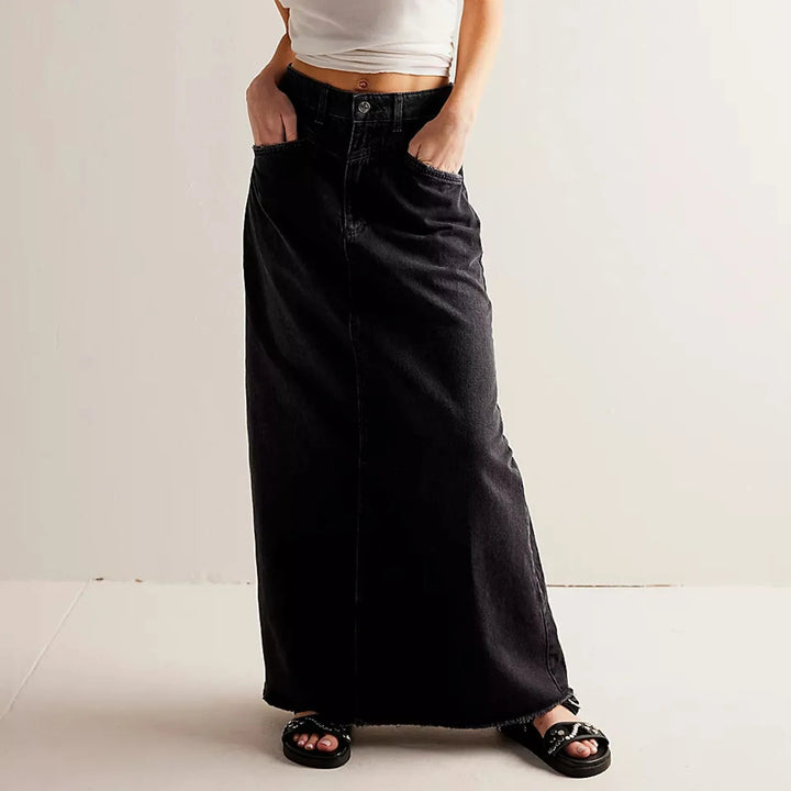 Womens High Waist Denim Maxi Skirt Vintage A-Line Fit