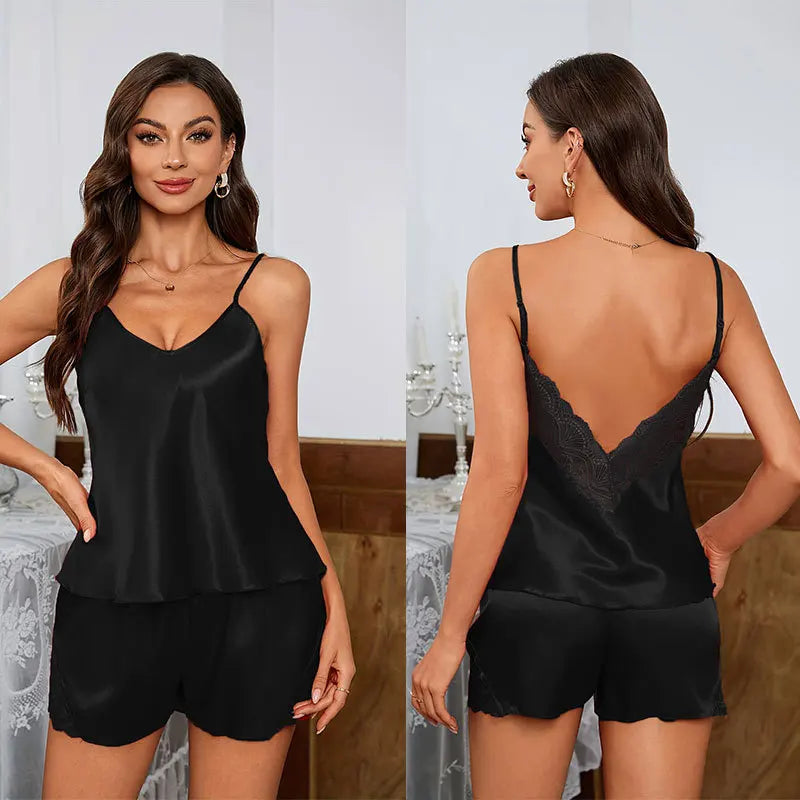 Womens Sleeveless Satin Cami and Lace Shorts Set