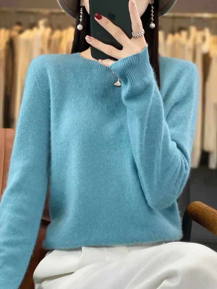 Womens Merino Wool Sweater O-Neck Soft Fit