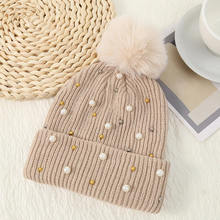 Unisex Winter Knit Hat with Beaded Pom Pom
