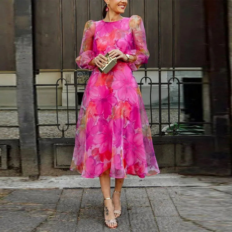 Womens Tea Length Dress Floral Elegant Fit - BritishMode