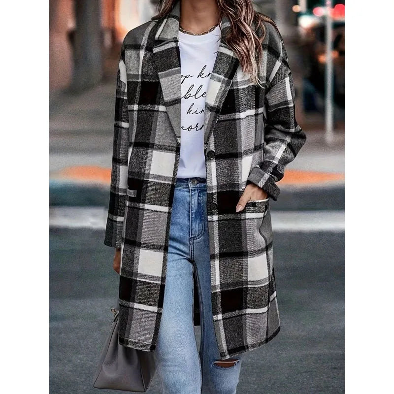 Womens Wool Pea Coat Classic Checked Pattern - BritishMode