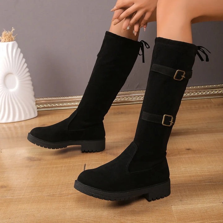 Womens Long Boots Suede Buckle Casual - BritishMode