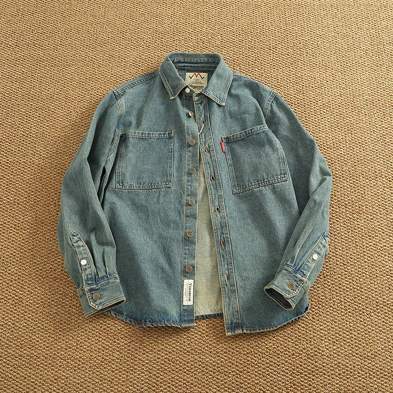Mens Denim Jacket Shirt Cotton Distressed Classic Fit