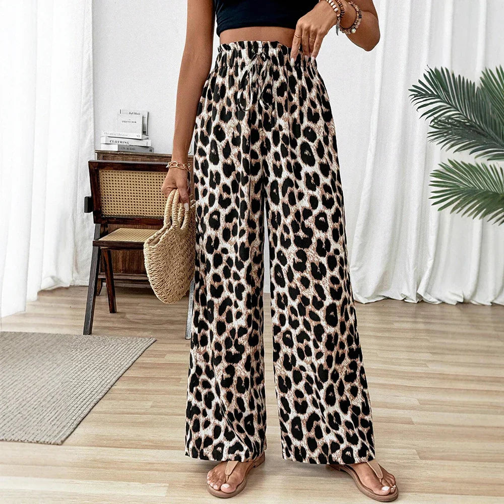 Womens Straight Leg Pants with Leopard Print Pattern - BritishMode