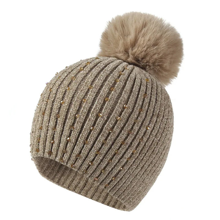 Unisex Winter Knit Hat with Beaded Pom Pom