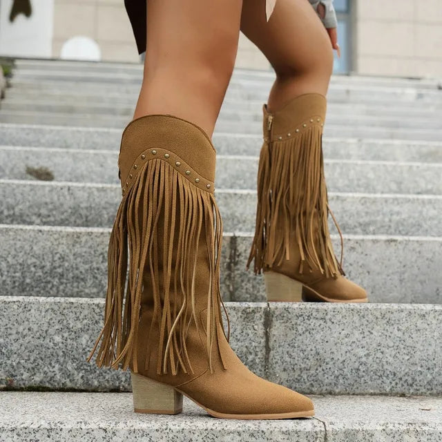 Womens Knee High Cowboy Boots with Fringe Detail