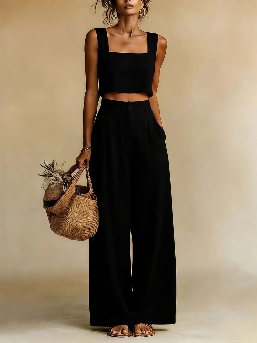 Womens Crop Top and Palazzo Trousers Set Square Neck Summer