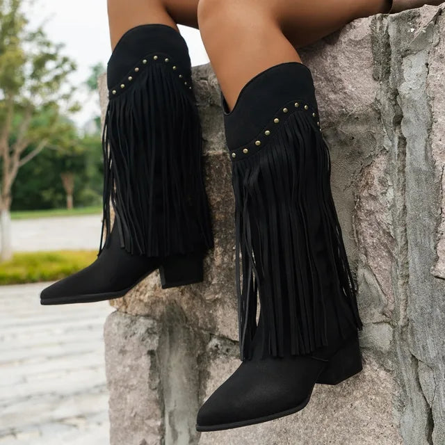 Womens Knee High Cowboy Boots with Fringe Detail