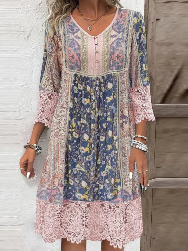 Womens Tea Dress Lace Trim V-Neck Elegant Style - BritishMode
