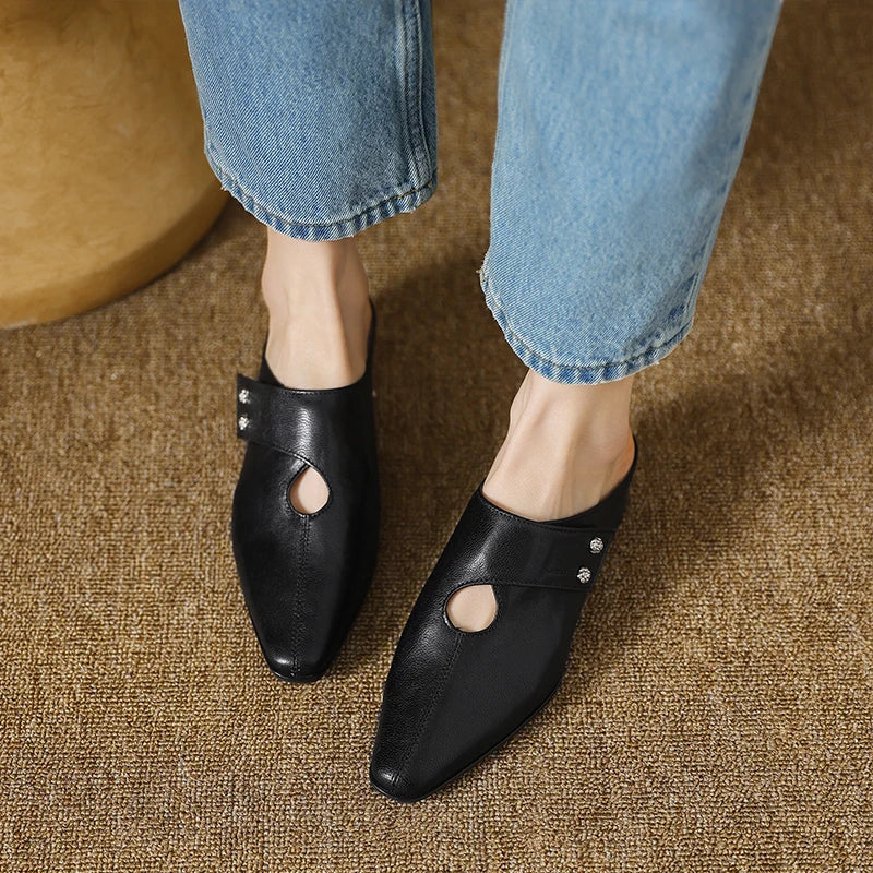 Womens Genuine Leather Mules Slip-On Style