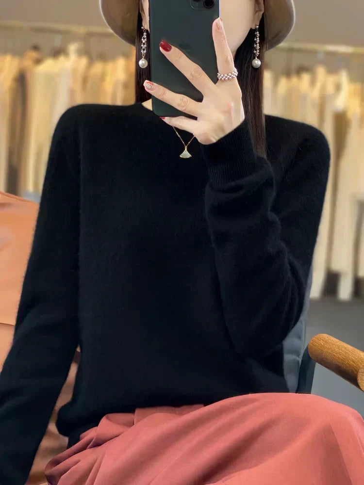 Womens Merino Wool Sweater O-Neck Soft Fit