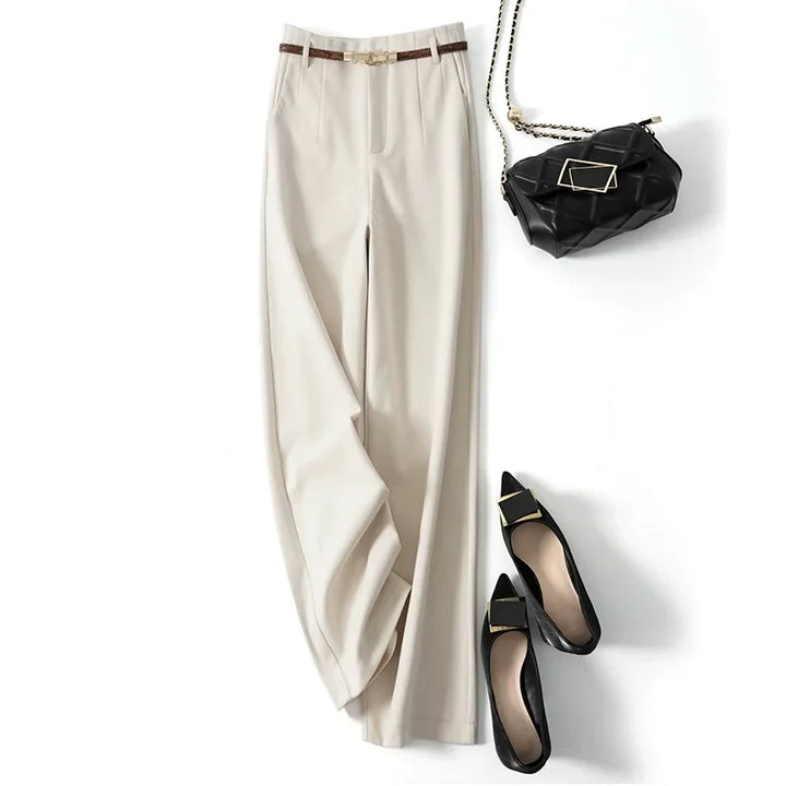 Womens High-Waist Wide-Leg Trousers Polyester Tailored Fit with Belt