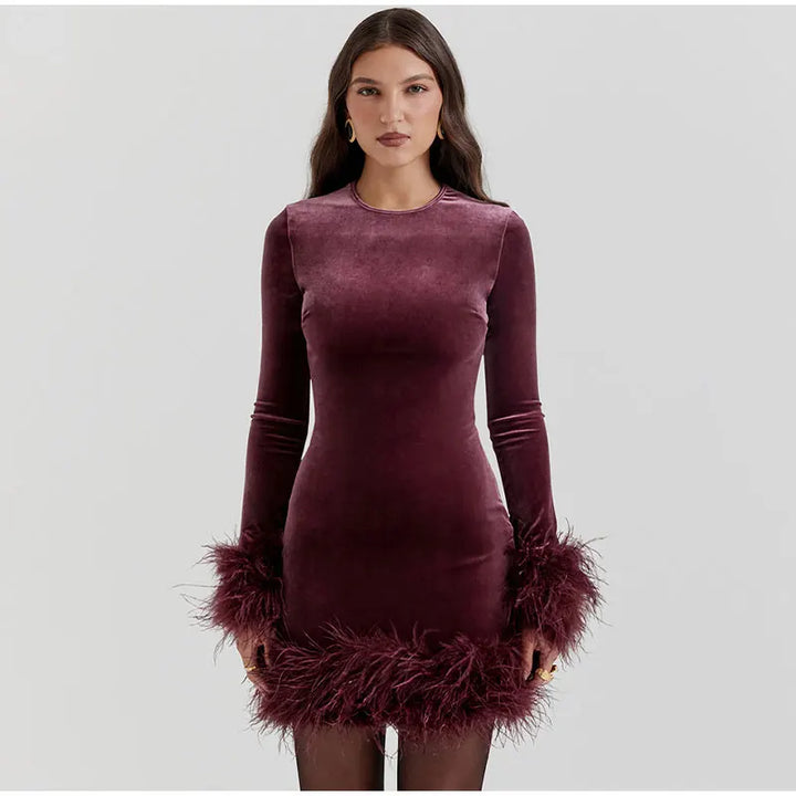 Womens Sheath Dress Feather-Trimmed Sleeves Elegant Fit