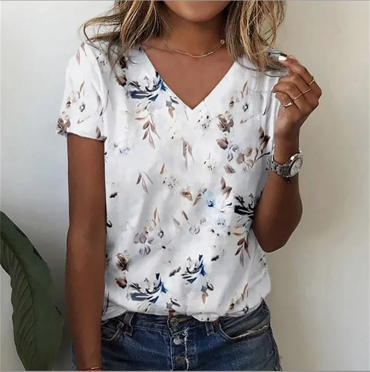 Womens V-Neck T-Shirt Cotton Loose Fit Casual