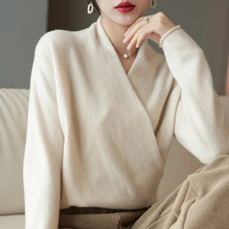 Womens Wrap Front V-Neck Knit Sweater Long Sleeve Soft