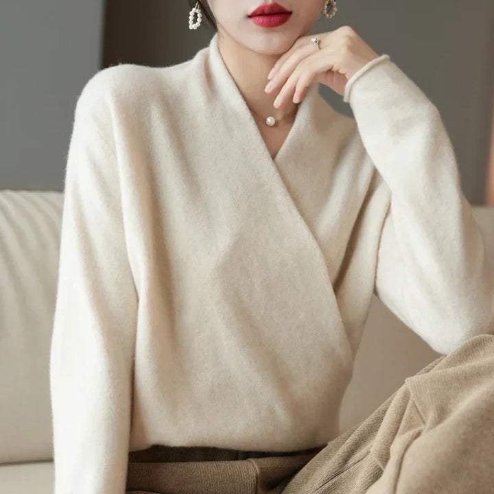 Womens Wrap Front V-Neck Knit Sweater Long Sleeve Soft