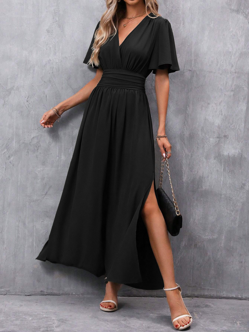 Womens Long Dress with Belt Flowing Skirt Elegant Fit