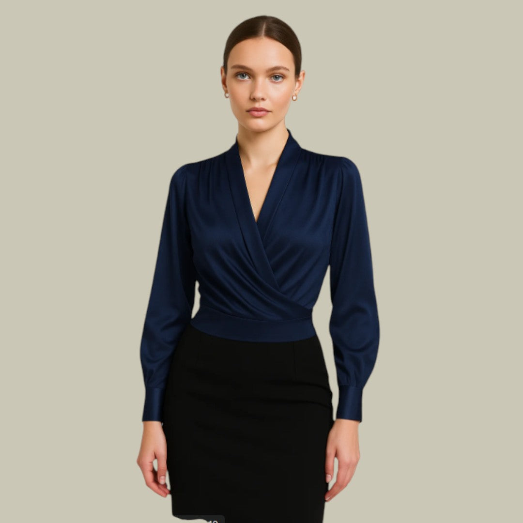 Womens Satin Blouse Shawl Collar Wrap Front Puff Shoulder Long Sleeve - BritishMode