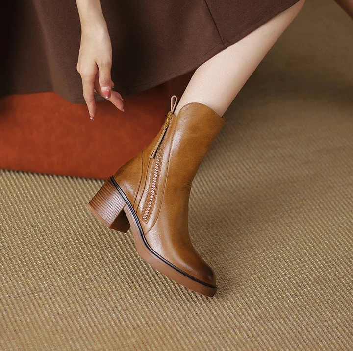 Womens Leather Ankle Boots Chunky Heel - BritishMode