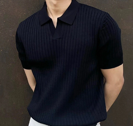 Mens Knitted Polo Shirt V-Neck Short Sleeve Casual