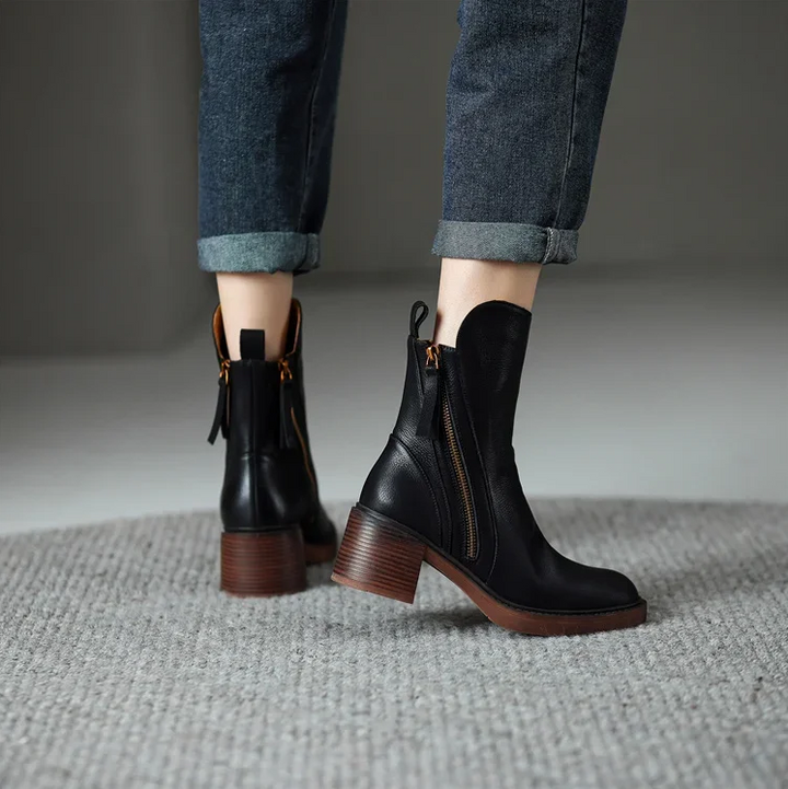 Womens Leather Ankle Boots Chunky Heel
