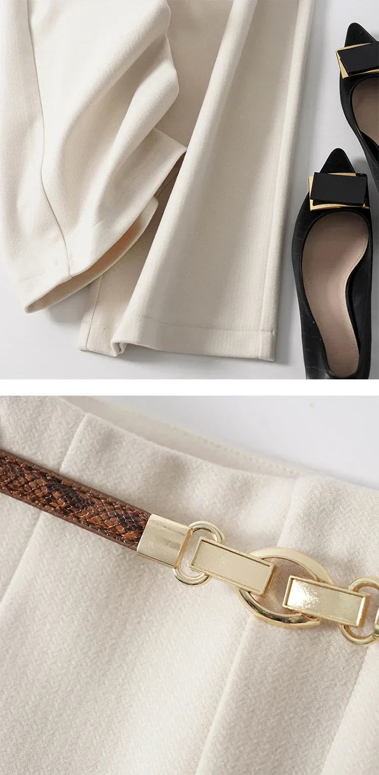 Womens High-Waist Wide-Leg Trousers Polyester Tailored Fit with Belt