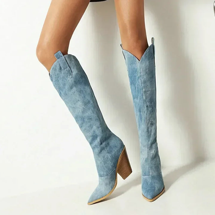 Womens Overknee Cowboy Boots Leather Western Style