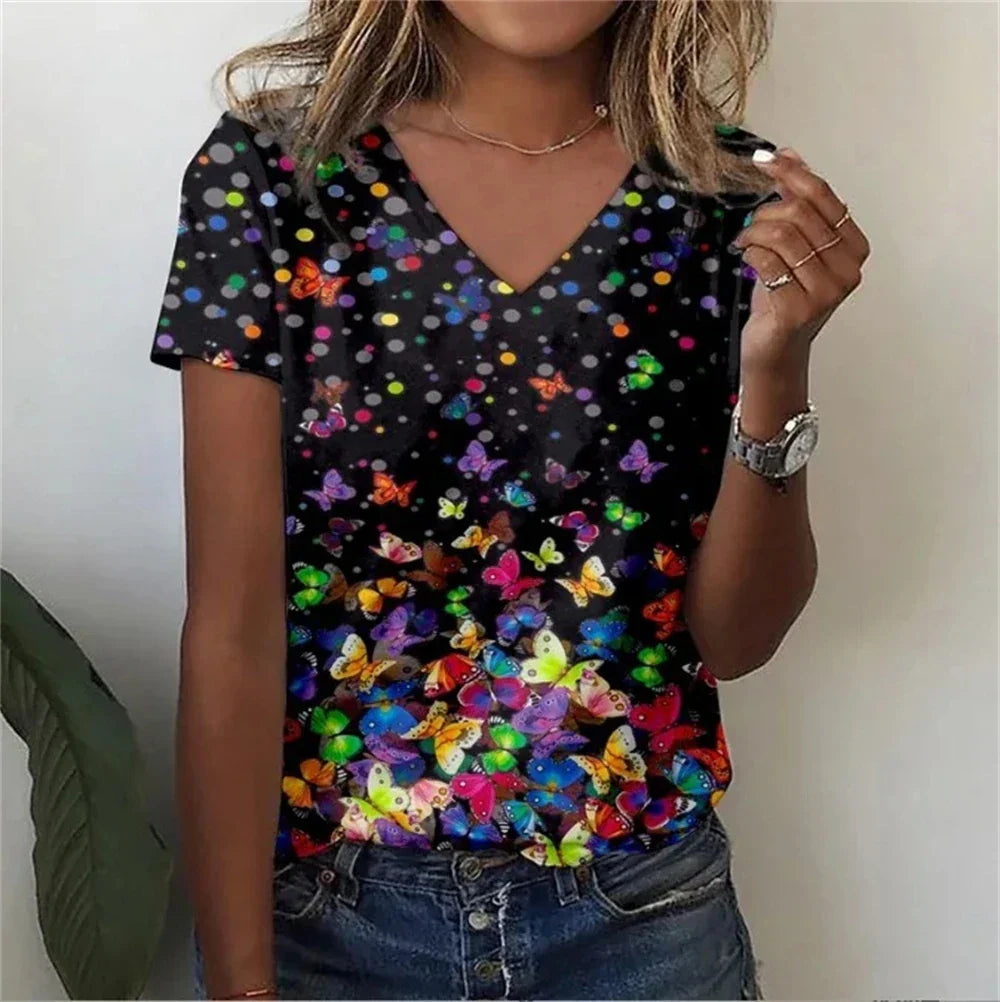 Womens V-Neck T-Shirt Cotton Loose Fit Casual
