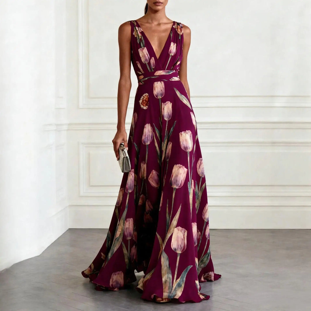 Womens Maxi Dress V-Neck Tulip Print Brooch Detail