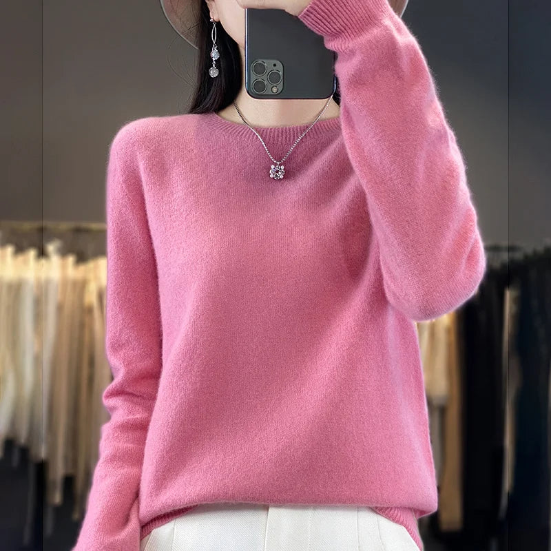 Womens Merino Wool Sweater O-Neck Soft Fit