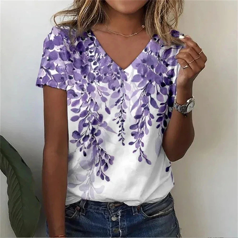 Womens V-Neck T-Shirt Cotton Loose Fit Casual