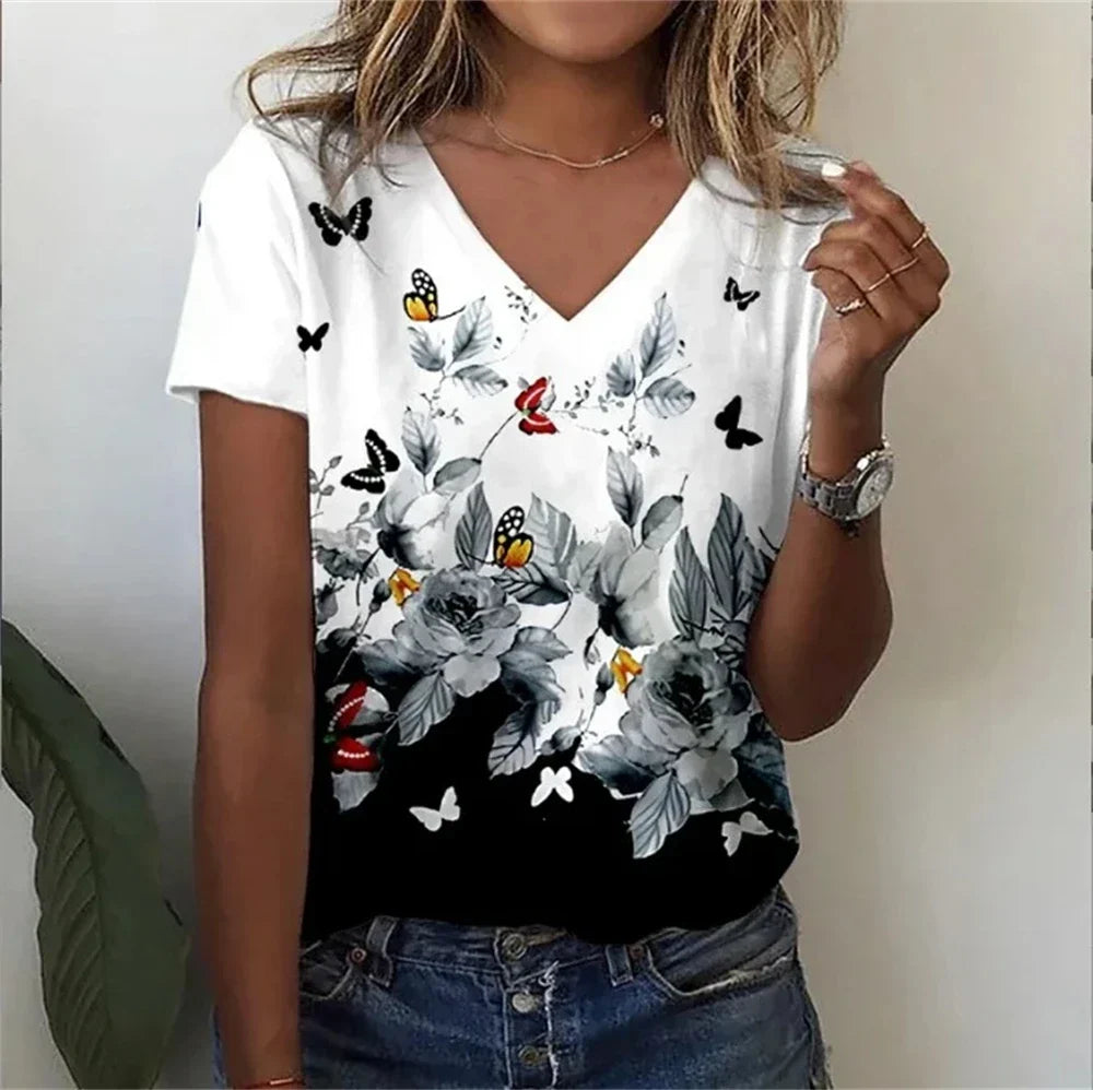 Womens V-Neck T-Shirt Cotton Loose Fit Casual