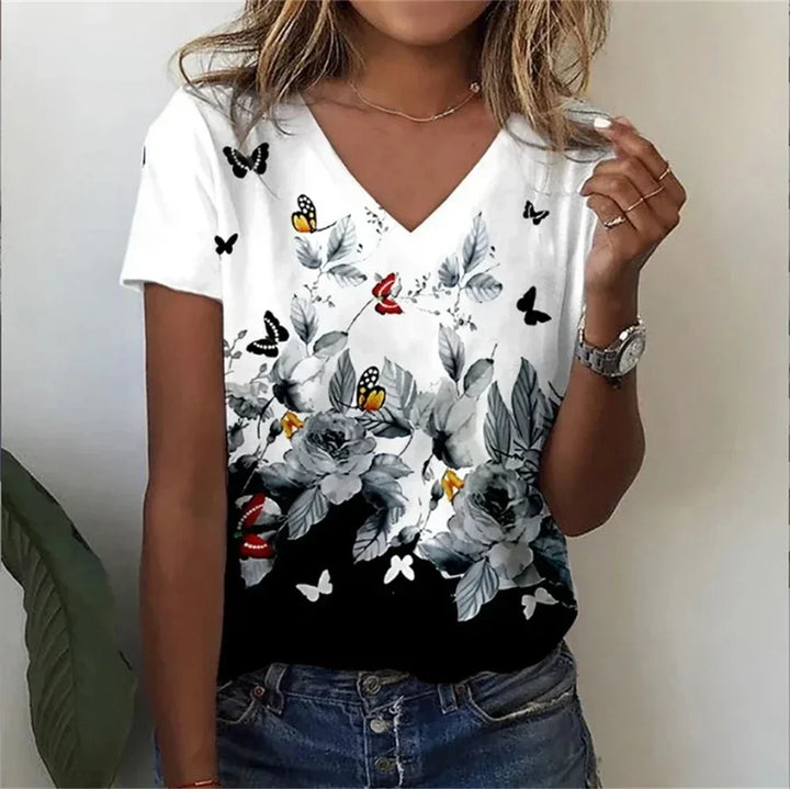 Womens V-Neck T-Shirt Cotton Loose Fit Casual