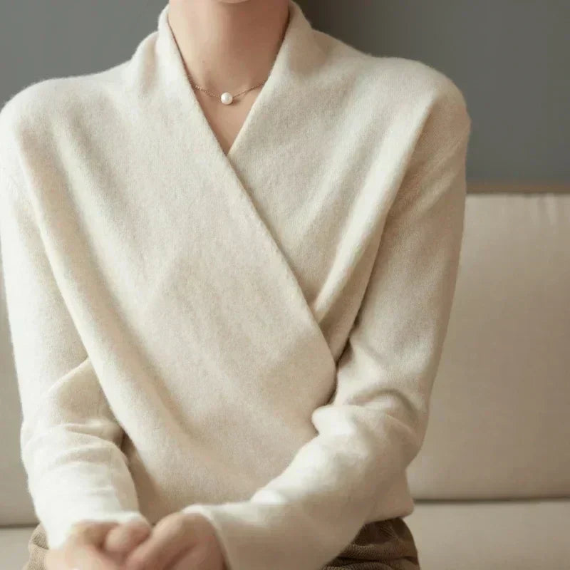 Womens Wrap Front V-Neck Knit Sweater Long Sleeve Soft